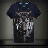 夏3D印花全棉弹性潮时尚朋克金属摇滚男个性大码短袖T恤印第安狼