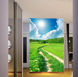 3d立体玄关壁纸自然风光草原田园绿色风景墙纸走廊过道云大型壁画
