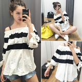 2016夏季韩版新品女装性感露肩一字领黑白拼色系带甜美娃娃衫上衣