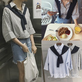 夏装韩版复古显瘦竖条纹蝙蝠袖衬衫女个性绑带披肩五分袖棉麻衬衣