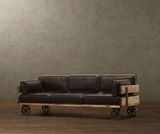 美式复古铁艺实木沙发椅实木三人沙发带轮做旧软皮沙发客厅组合椅