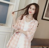 2016夏季女装修身长袖衬衫韩版红格子雪纺打底衫薄款显瘦学生衬衣