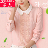 雪纺衫女长袖2016夏装新款韩版大码衬衫娃娃领上衣百搭蕾丝打底衫