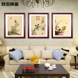 新中式客厅装饰画沙发背景墙壁画 三联画有框挂画 郎世宁新古典画