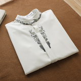 韩版时尚女装2015秋冬白色雪纺衬衫长袖印花小鹿加厚立领显瘦衬衣