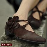 阿木原创手工花朵真皮单鞋中跟坡跟春季优雅复古头层牛皮森女鞋子