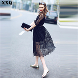 XXQ2016春装新品欧洲站蕾丝显瘦连衣裙中长款 黑色中袖裙子女装