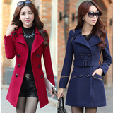 2015冬季新款韩版羊毛呢外套中长款修身显瘦遮肚风衣OL呢子大衣女