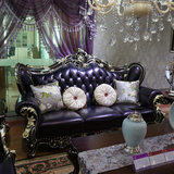 欧式真皮沙发 123组合 实木雕花 美式新古典家具 奢华胡桃色沙发