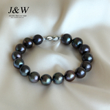 JW珠宝 9-9.5mm纯天然淡水黑珍珠手链手串近正圆强光珍珠配饰正