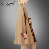 V·Loyal欧美新品高端定制中长款双面羊毛大衣修身系带毛呢外套女