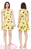 正品代购 kate spade 16新款亮丽黄色印花连袖收腰显瘦连衣裙