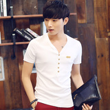 夏季男装短袖T恤 韩版修身男士个性弹力V领纯白色潮流体恤男衣服