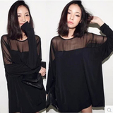 新款韩版春秋大码女装 性感网纱中长款宽松长袖t恤显瘦打底蝙蝠衫
