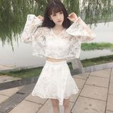 夏季女装韩版时尚休闲套装V领宽松透视上衣罩衫+高腰短裙两件套潮