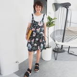 2016新夏装韩国复古大花朵棉质背带背心+宽松白色T桖连衣裙两件套