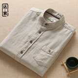 中国风中式立领亚麻衬衫男长袖小领棉麻衬衣春季复古麻布麻料上衣