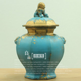 工艺装饰罐 美式陶瓷罐 仿古做旧蓝色狮子罐 陶瓷储物罐 家居摆件