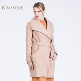 Kavon/卡汶 冬季高档羊毛翻领大衣拼接中长款纯色长袖毛呢外套女