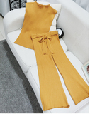 韩国简约代购气质无袖背心半高领针织上衣阔腿长裤套装两件套女装