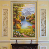 手绘欧式客厅山水风景油画玄关走廊过道竖版装饰有框画福禄聚宝盆