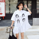 夏季韩版宽松卡通印花白色短袖翻领衬衫上衣百搭显瘦中长款衬衣女