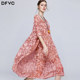 dfvc2016夏季新款文艺刺绣真丝A字裙宽松中长款廓形桑蚕丝连衣裙