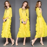 欧洲站2016夏季时尚女装新款黄色圆领钉珠压褶荷叶边修身连衣裙