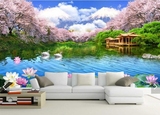中式3d墙纸卧室沙发电视背景墙壁纸壁画樱花山水风景画布无缝油画