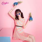 Candie's2016夏新款 甜美彩条纹收腰显瘦无袖露背连衣裙30062335