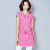 雪纺衫女2016夏装新款韩版大码女装修身显瘦中长款短袖蕾丝衫上衣