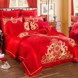 古典大红色多件套床品婚庆欧式床单结婚床上用品4件套贡缎刺绣