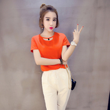 韩版个性领口镂空短袖挂脖t恤女夏季吊坠纯色全棉橘色体恤修身潮