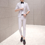 夏季西服套装男士韩版修身纯色七分袖西装两件套竹节面料透气薄款