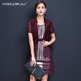 vooguu夏装新款韩版女装2016套装裙短外套条纹印花两件套连衣裙