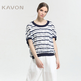 Kavon/卡汶 夏装设计师女装品牌 棉麻条纹蝙蝠宽松大码套头针织衫