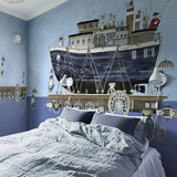 美式儿童房壁纸 男孩卧室背景墙纸 地中海大型壁画无纺布蓝色轮船