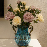 欧式铁艺玻璃花瓶摆件田园地中海创意家居装饰品餐桌插花花瓶