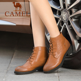 Camel骆驼女鞋 新款英伦复古短靴 牛皮圆头系带中跟女靴