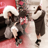 2015新款韩国冬季新品棉衣外套女连帽大毛领中长款韩版收腰棉服潮