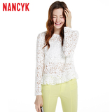 Nancyk秋装短款蕾丝性感时尚长袖白色圆领衬衫61514008