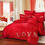 婚庆床品 大红色全棉贡缎刺绣四件套床单式1.8m床 结婚床上用品