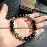 【美国代购】Chrome Hearts 克罗心十字架黑曜石多银珠珠手链10mm