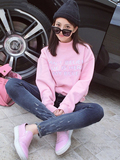 韩国甜美立体字母刺绣印花半高领粉色加绒加厚套头卫衣女冬学生装