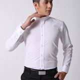 男士韩版修身中国风白色加绒立领长袖衬衫商务休闲保暖圆领衬衣