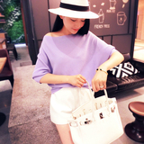 韩版冰丝衫一字领针织衫夏中袖套头短款2016夏季女装蝙蝠袖T恤女