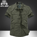 AFS JEEP战地 吉普短袖衬衫牛仔男休闲夏款半袖大码工装衬衣寸衫