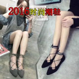 2016春夏季韩版细带交叉捆绑绑带单鞋黑色尖头平底平跟性感女鞋潮