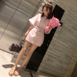 2016夏季韩版宽松粉色polo领竖条纹衬衫连衣裙女显瘦学生系带短裙