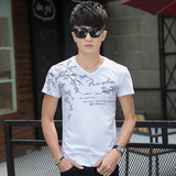 2016韩版男士夏季新款v领短袖T恤修身休闲潮流青少年男装印花体恤